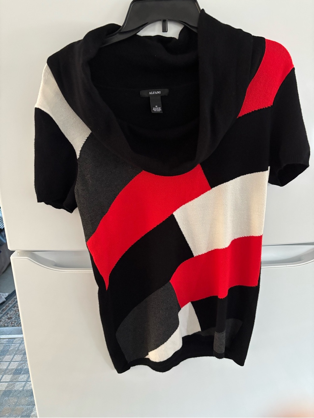 Alfani Black, Red, White & Charcoal Geometric Cowl-Neck Short Sleeve Top